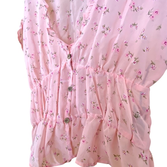 NWT Liberty Love Y2K Style M Sheer Pink Floral Ruffle Blouse Top Short Sleeves - Picture 2 of 4
